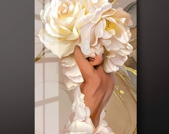 Flower Head Tempered Glass Wall Art, Roses Around Woman Glass Wall Decor, Beauty of Woman Glass Wall Hanging, Ready to Hang