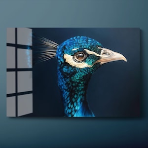 Peacock Tempered Glass Wall Art, Blue Peacock Portrait Glass Wall Decor, Animal Glass Wall Hanging, Ready to Hang