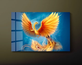 Arte de pared de vidrio templado de pájaro fénix rojo amarillo, decoración de pared de vidrio de fénix ascendente, pintura mitológica de lienzo de pájaro Simurgh, listo para colgar