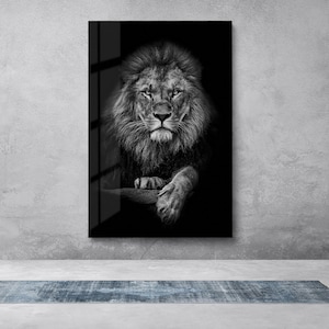 Black White Lion Tempered Glass Wall Art, Lion Portrait Glass Wall Decor, Animal Glass Wall Hanging, Ready to Hang image 2