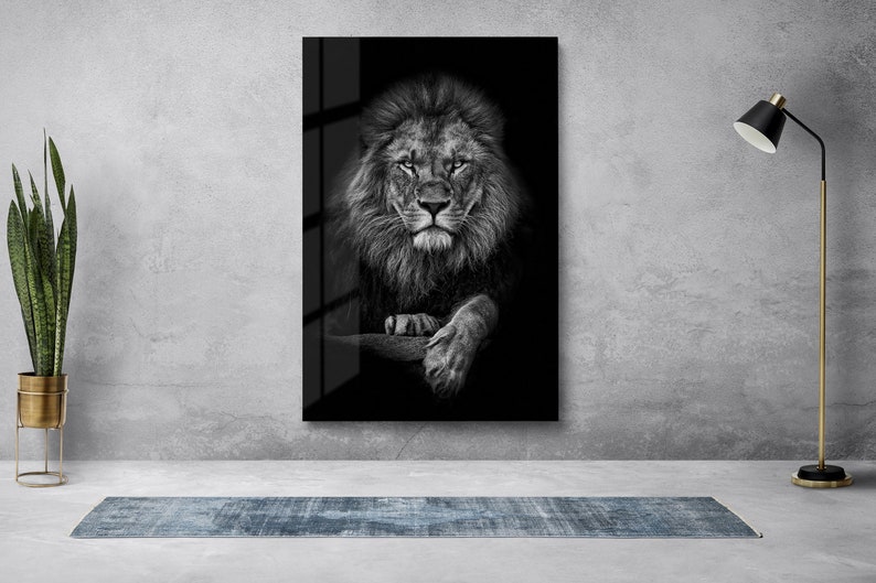 Black White Lion Tempered Glass Wall Art, Lion Portrait Glass Wall Decor, Animal Glass Wall Hanging, Ready to Hang image 2