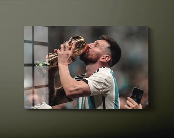 Lionel Messi Kissing World Cup Tempered Glass Wall Art, World Cup Glass Wall Decor, Football Player Glass Wall Hanging, Ready to Hang