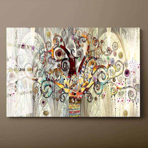 Baum des Lebens gehärtetes Glas Wandkunst, Gustav Klimt Glas Wanddekoration, modernes inspirierendes Leben des Baum Glas Wandbehang, fertig zum Aufhängen