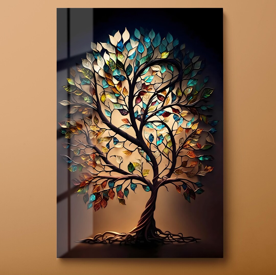 Yihui Arts Blauer Baum Des Lebens – Handbemalte Leinwand-Wandkunst Mit Schwebendem Rahmen
