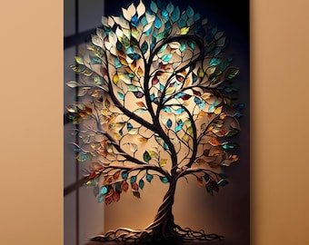 Art mural en verre trempé arbre de vie, décoration murale en verre vie d'arbre, suspension murale en verre moderne et inspirante, prêt à accrocher