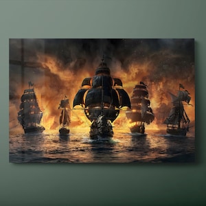 Pirate Ship Battle Tempered Glass Wall Art: Naval Decor, Ready to Hang-