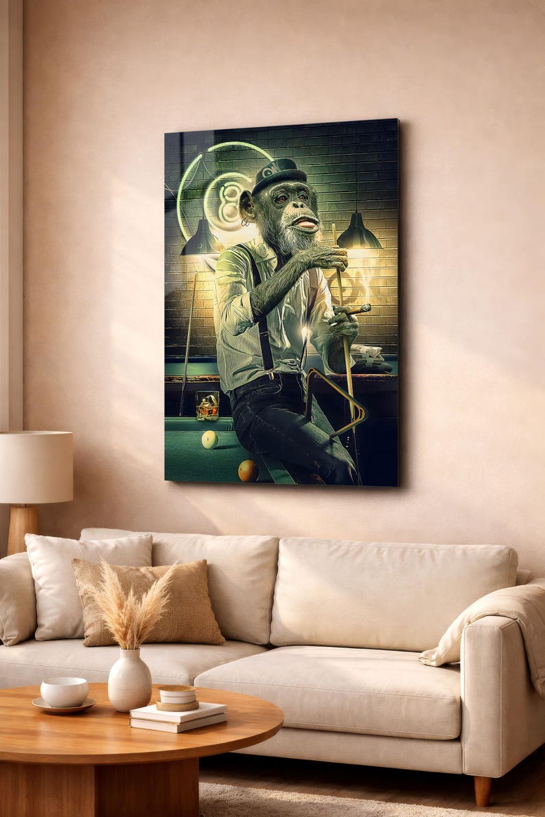 Chimp Pool Table Monkey Pool Player Tempered Glass Wall Art: Surreal Animal Decor- - Etsy
