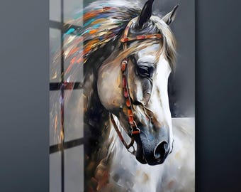 May include: A digital painting of a white horse's head, adorned with a brown bridle. The horse's mane features colorful streaks of orange, blue, and yellow. The artwork has a textured, painterly style, with a dark gray background.