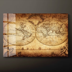 Vintage wereldkaart gehard glas kunst aan de muur, vintage kaart van de wereld glazen wand decor, geografische wereldkaart glazen wand hangend, klaar om op te hangen