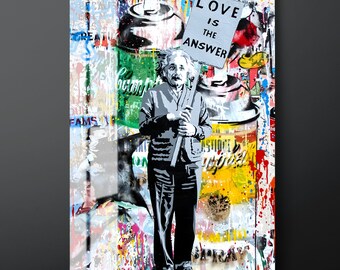 Famous Scientist Graffiti Tempered Glass Wall Art, Love is the Answer Glass Print, Famous Physicist Graffiti Glass Painting, Ready to Hang