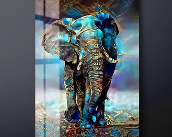 Abstract Elephant Tempered Glass Wall Art, Modern Animal Print, Colorful Home Decor