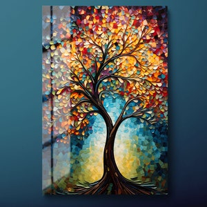 Colorful Tree of Life Tempered Glass Wall Art, Life of Tree Glass Wall Decor, Modern Inspiring Glass Wall Hanging, Ready to Hang