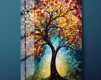 Colorido árbol de la vida arte de la pared de vidrio templado, decoración de la pared de vidrio de la vida del árbol, colgante de pared de vidrio inspirador moderno, listo para colgar