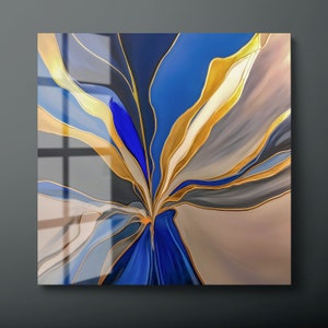 Blue Gold Abstract Marble Tempered Glass Wall Art, Blue Gold Marble Glass Wall Decor, Abstract Marble Glass Wall Hanging, Ready to Hang