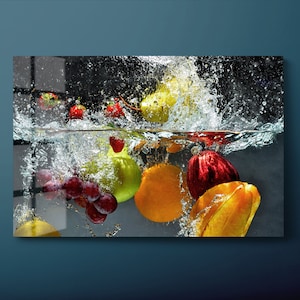 Fruits Water Splash Tempered Glass Wall Art, Vegetables Splashing in Water Glass Wall Decor, Kitchen Fruit Glass Wall Hanging, Ready to Hang