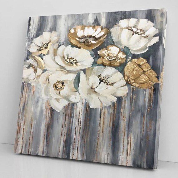 White Gold Daisy Canvas Wall Art Flower Wall Hangings Gold Etsy