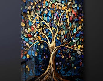Colorful Tree of Life Tempered Glass Wall Art, Botanical Wall Decor