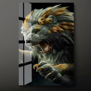 Wild Lion Tempered Glass Wall Art, Gold Gray Black Lion Glass Wall Decor, Animal Glass Wall Hanging, Ready to Hang