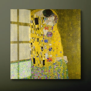 Beroemde Gustav Klimt The Kiss gehard glazen muurkunst, geelgroen glazen muurdecoratie, The Kiss glazen muur hangend, klaar om op te hangen