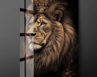 May include: A regal portrait of a lion wearing a golden crown. The lion's fur is rendered in shades of brown and gold, with a detailed mane and a focused gaze. The background is dark, emphasizing the lion's majestic presence.