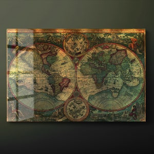 Vintage wereldkaart gehard glas kunst aan de muur, vintage kaart van de wereld glazen wand decor, geografische wereldkaart glazen wand hangend, klaar om op te hangen