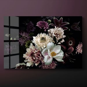 Colorful Flowers Tempered Glass Wall Art, Pink Purple Floral Glass Wall Decor, Botanical Glass Wall Hanging, Ready to Hang