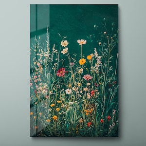 Wildflower gehard glas kunst aan de muur, bloemen glazen wand decor, bloemenveld glazen muur opknoping, botanische schilderij klaar om op te hangen