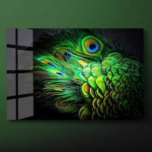 Peacock Tempered Glass Wall Art, Peacock Feather Glass Wall Decor, Green Peacock Animal Glass Wall Hanging, Ready to Hang