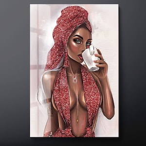 Red Glitter Woman Tempered Glass Wall Art, Black Woman Glass Wall Decor, Woman Drinking Coffee Glass Wall Hanging, Ready to Hang