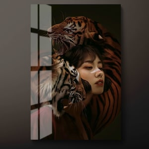 Tigers and Woman Tempered Glass Wall Art, Animal and Human Glass Wall Decor, Beautiful Female and Owl Glass Wall Hanging, Ready to Hang