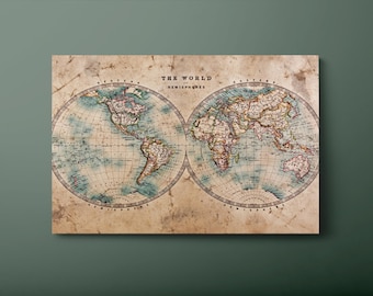 Vintage World Map Tempered Glass Wall Art: Ready to Hang-