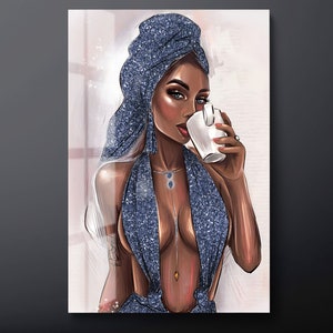 Blue Glitter Woman Tempered Glass Wall Art, Black Woman Glass Wall Decor, Woman Drinking Coffee Glass Wall Hanging, Ready to Hang