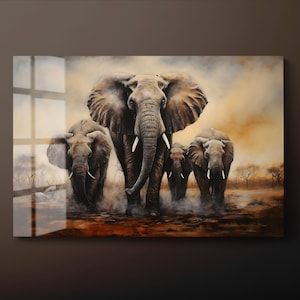 African Elephant Family Tempered Glass Wall Art, Flock of Elephant Glass Wall Decor, Animal Glass Wall Hanging, Ready to Hang