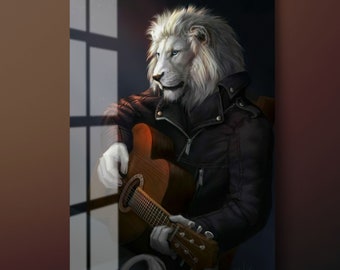 Guitarist Lion Tempered Glass Wall Art, Musician Lion Glass Wall Decor, White Lion Glass Wall Hanging, Ready to Hang