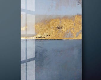 Gold & Blue Abstract Tempered Glass Wall Art: Modern Decor-