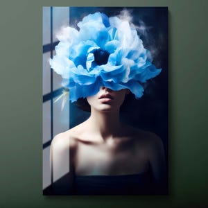 Blue Blossom Tempered Glass Wall Art: Floral Portrait Print
