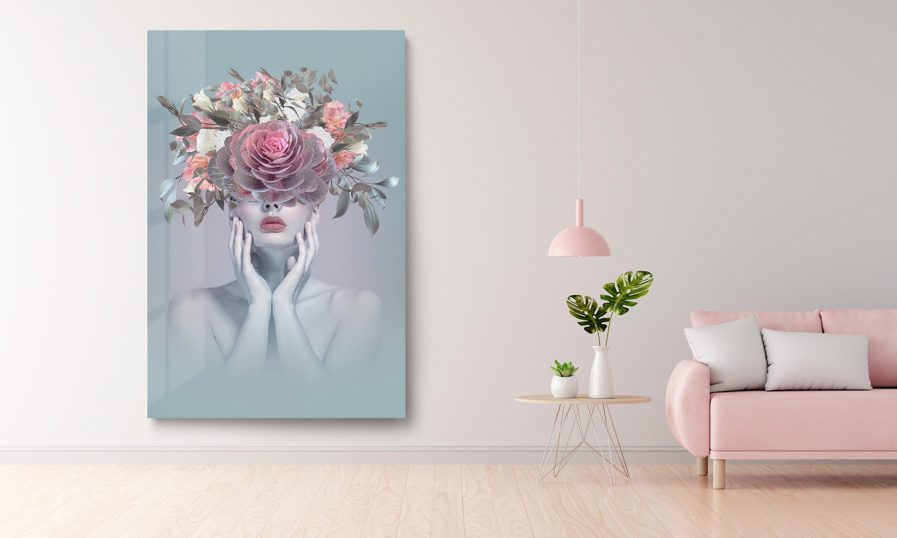 花柄の女性強化ガラスウォールアート：モダンな肖像画の装飾 - Etsy 日本