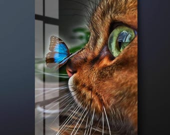 猫の鼻に蝶が描かれた強化ガラス製ウォールアート：すぐに飾れる