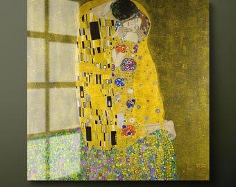 Gustav Klimt's The Kiss Tempered Glass Wall Art: Yellow & Green Decor-