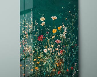 Wildflower Field Tempered Glass Wall Art: Botanical Painting-