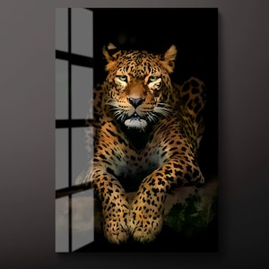 Leopard in Dark Tempered Glass Wall Art, Animal Glass Wall Decor, Leopard Glass Wall Hanging, Ready to Hang