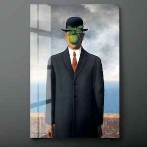 The Son of Man Tempered Glass Wall Art, René Magritte Glass Wall Decor, Man and Apple Famous Glass Wall Hanging, Ready to Hang