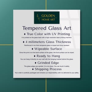 May include: A white card with the text "Tempered Glass Art" and product details. Features include true color with UV printing, 4 millimeters glass thickness, a wipeable surface, ready to hang, and a grinded edge.