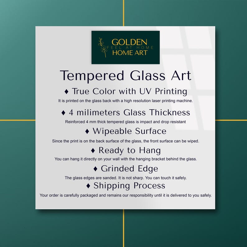May include: A white card with the text "Tempered Glass Art" and product details. Features include true color with UV printing, 4 millimeters glass thickness, a wipeable surface, ready to hang, and a grinded edge.