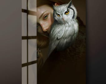 Owl and Woman Tempered Glass Wall Art: Ready to Hang-