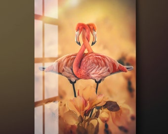 Flamingo Couple Tempered Glass Wall Art, Floral Glass Wall Decor, Flamingo on Flowers Glass Wall Hanging, Ready to Hang