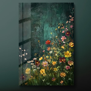 Wildflower gehard glas kunst aan de muur, bloemen glazen wand decor, bloemenveld glazen muur opknoping, botanische schilderij klaar om op te hangen