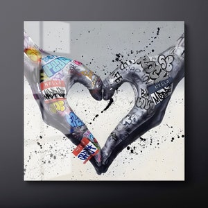 Banksy Hearth Hands Tempered Glass Wall Art, Black White Graffiti Glass Wall Decor, Heart Gesture Glass Wall Hanging, Ready to Hang