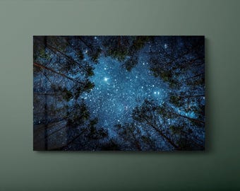 Stars and Trees Tempered Glass Wall Art: Navy Night Sky Decor-