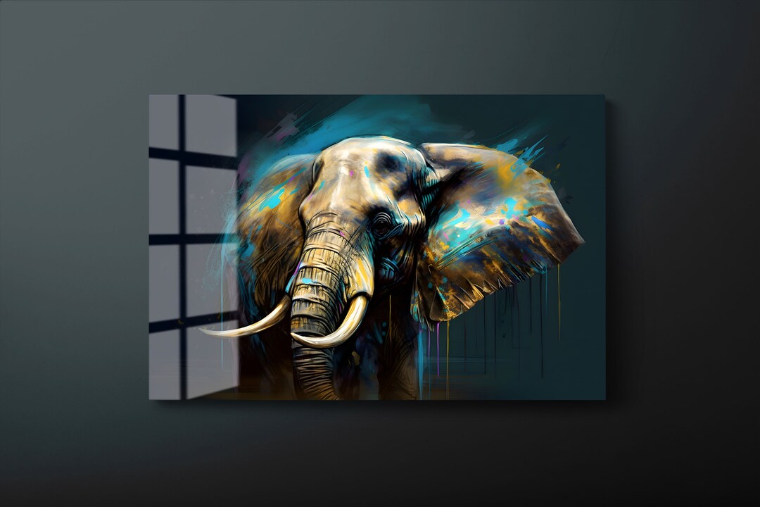 Elephant Tempered Glass Wall Art, Colorful Elephant Glass Wall Decor